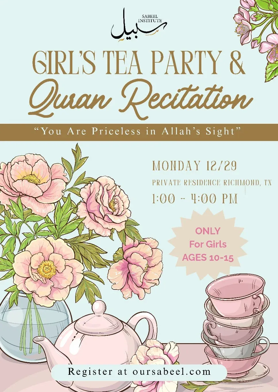 Flyer for Girl's Tea Party & Quran Recitation
