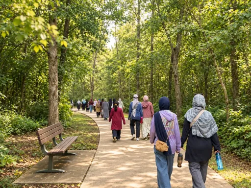 Women walking together along a wooded trail