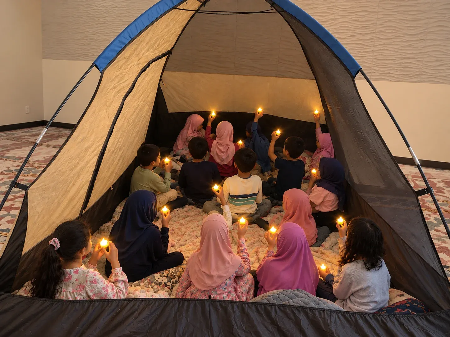 Children holding candles inside a tent