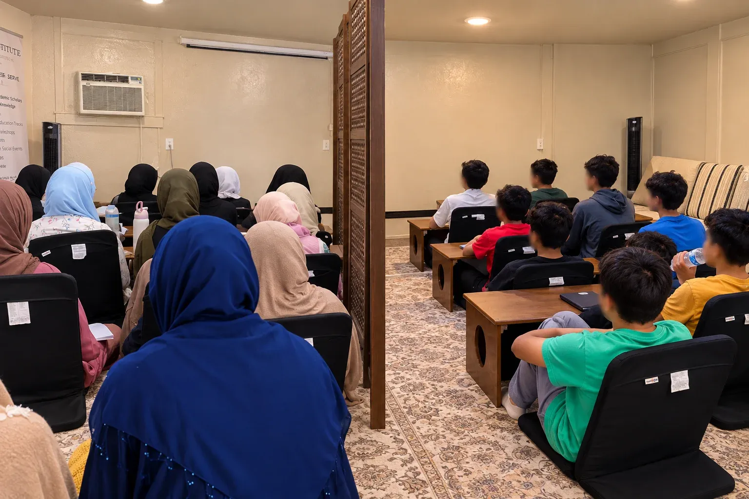 Teen girls and boys in one Sabeel classroom, on either side of a wooden screen
