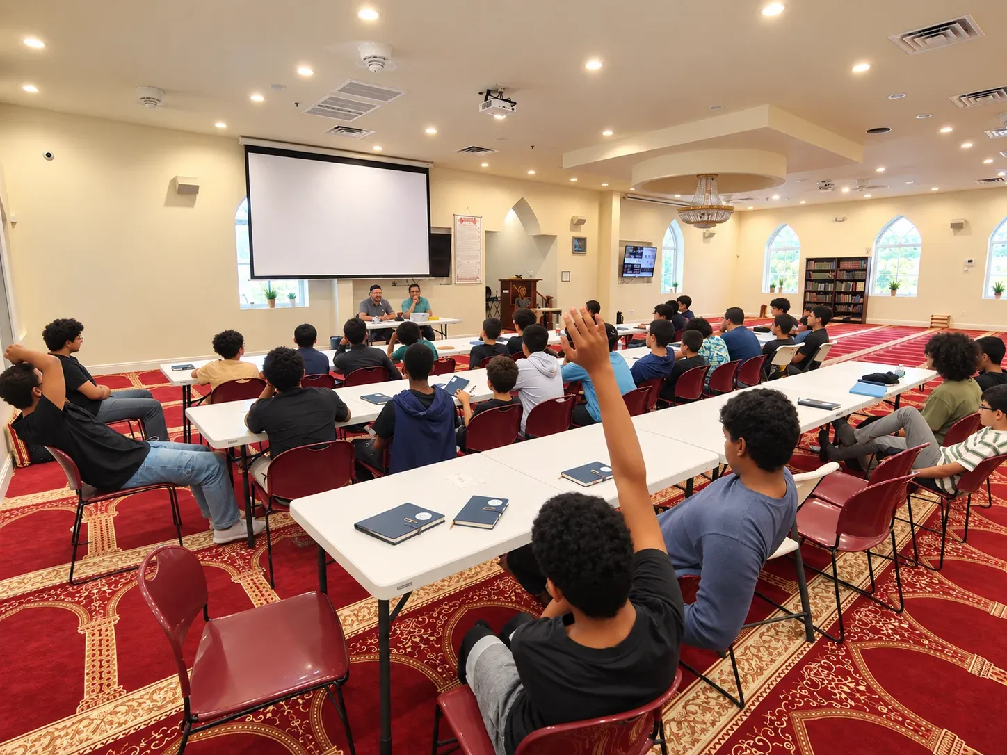 Boys at long tables in a masjid hall, one with his hand raised